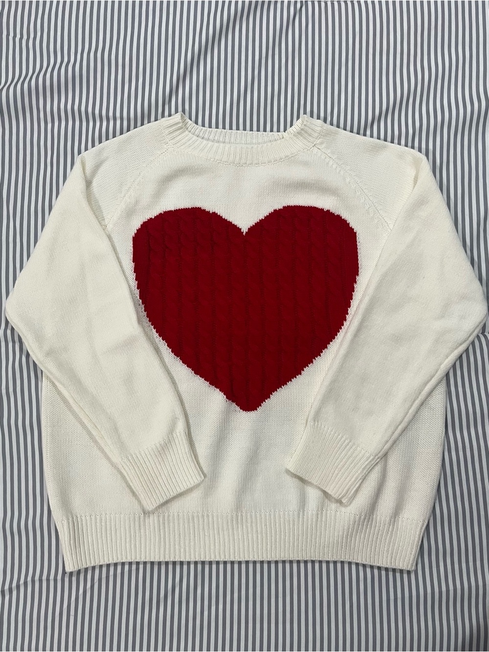 White Knit Pullover Sweater with Red Heart Motif